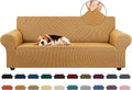 KEKUOU Stretch Sofa Cover Slipcover ，Couch Covers for 3 Cushion Couch Sofa pet Friendly (78"-94") Furniture Protector Sofa with Elastic Bottom for Kids,Dog, Jacquard Small Checked(Large,Golden)