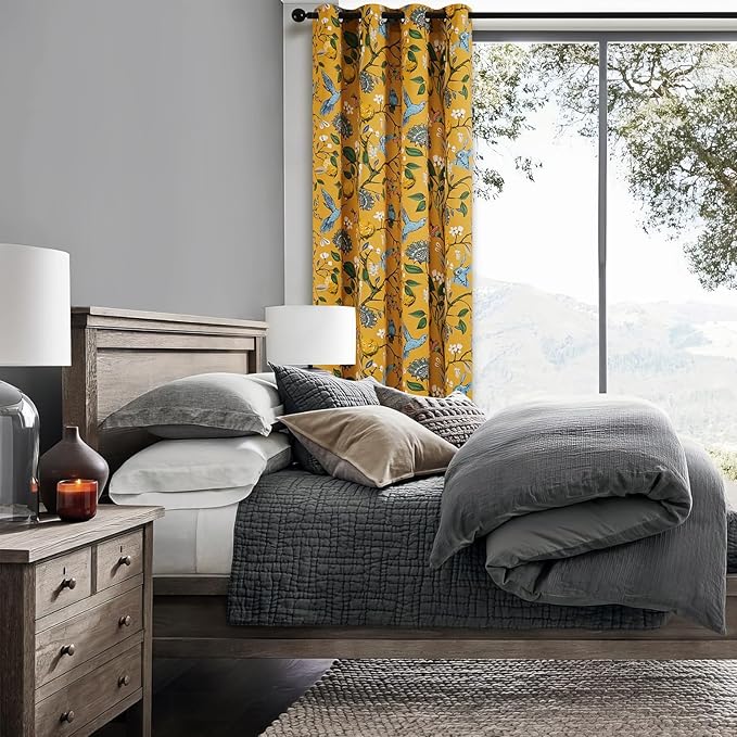 Topfinel Mustard Yellow Curtains, Aesthetic Unique Rustic Thermal Insulated Noise Reducing Cottagecore Floral Flower Printed Modern Farmhouse Window Treatment 63 Inch Length 2 Panels Bedroom 52x63