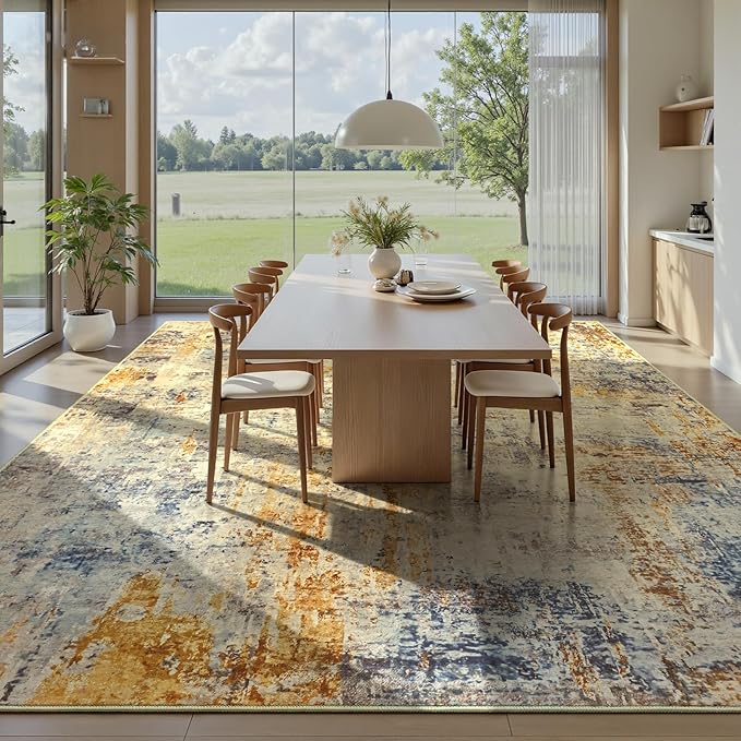 Ompaa Living Room Rug 6x9 Beige Area Rug Machine Washable Boho Rug Non Slip Abstract Vintage Indoor Large Rugs for Bedroom, Classroom, College Dorm, Farmhouse, Dining Room, Kids Playroom