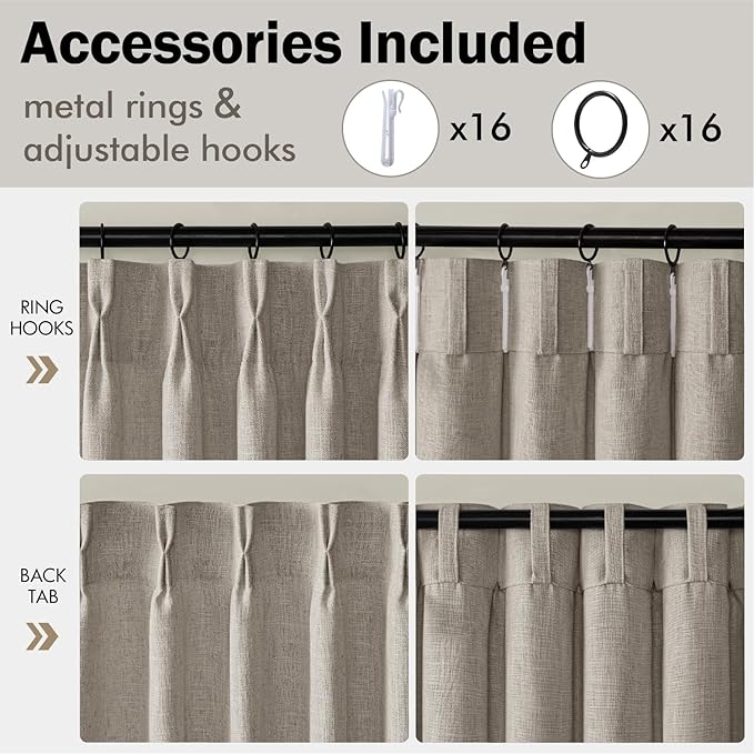 MIULEE Pinch Pleated Thick Linen Curtains 108 Inches Length 2 Panels for Living Room Bedroom, Extra Long Pinch Pleat Drapes Back Tab Light Filtering Taupe Foor to Ceiling Curtains with Hooks&Rings
