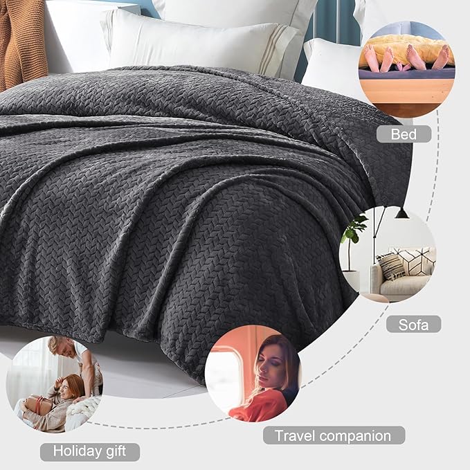 Exclusivo Mezcla Fleece Twin Size Blanket for Bed, 60x80 Inches Soft Cozy Jacquard Flannel Blankets, Lightweight Fuzzy Plush Warm for Women, Dark Grey