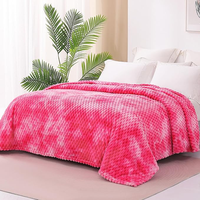 Exclusivo Mezcla Fleece Twin Blanket for Bed, Extra Large Fuzzy Tie-dye Hot Pink Bed Blankets, Soft Cozy Plush Sofa Throws for All Seasons, 90x66 Inches