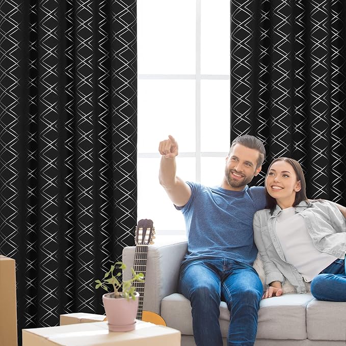 Deconovo Black Out Curtains for Bedroom Livint Room Nursery (42x72 Inch, Black/Silver, 2 Panels) Geometry Silver Patterned Room Darkening Curtains, Thermal Insulated Soundproof Drapes