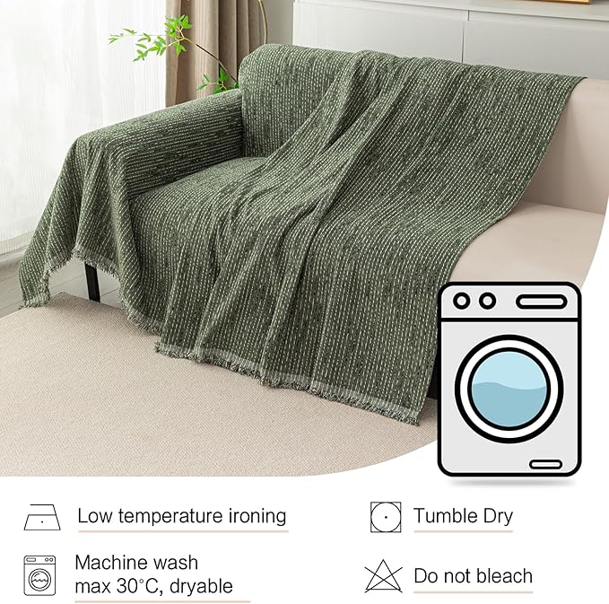 MYSKY HOME Boho Couch Cover Moss Green Sofa Covers with Tassel Farmhouse Sofa Slipcover Simple Couch Protector for Dogs Chenille Sectional Couch Covers L Shaped Couch Cushion Covers, 91"x 134"