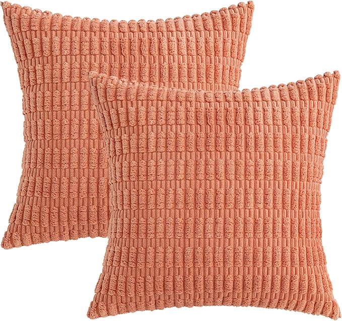 MIULEE Pack of 2 Corduroy Decorative Throw Pillow Covers 18x18 Inch Soft Boho Striped Pillow Covers Modern Farmhouse Home Decor for Summer Sofa Living Room Couch Bed Coral