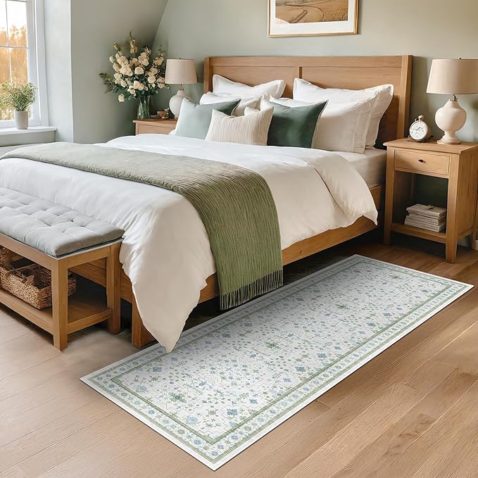 Hazo Haus Washable Oushak 2x6 Bathroom Runner Rug, Eclectic Boho Floral Pastel, Non Slip Low Pile Stain Resistant Small Throw Rug for Bedroom, Laundry Room, Powder Room, Cream Green