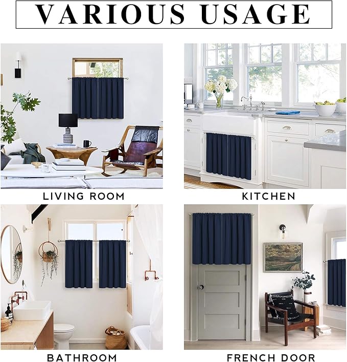 RYB HOME Blackout French Door Window Curtain Covering, Rod Pocket Thermal Insulated Privacy Non See Through Drapes for Bathroom Window, Width 29 by Length 45, Navy Blue, 2 Panels
