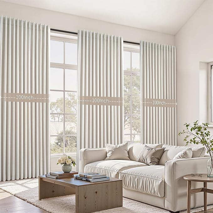 Extra Wide 100 Inch Length Blackout Curtains & Drapes 90 Inches Long 2 Panels Set for Sliding Glass Doors Modern Pleated Linen Blend Heavy Floor to Ceiling Large Window Drapes(100"Wx90"Lx 2 Birch)