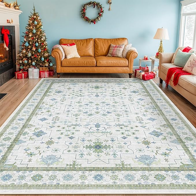 Hazo Haus Blue and Green Living Room Rug 8x10 - Cream Oushak Vintage Boho Floral Farmhouse, Washable Low Pile Non-Slip Extra Large Area Rugs for Bedroom, Girls, Boys, Playroom, Lounge