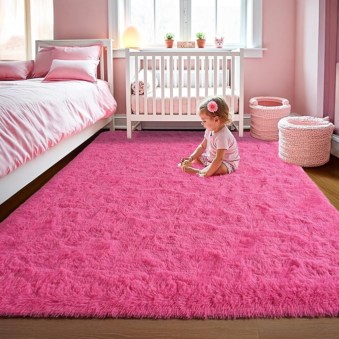 LOCHAS Ultra Soft Indoor Modern Area Rugs Fluffy Living Room Carpets for Children Bedroom Home Decor Nursery Rug 3x5 Feet, Hot Pink