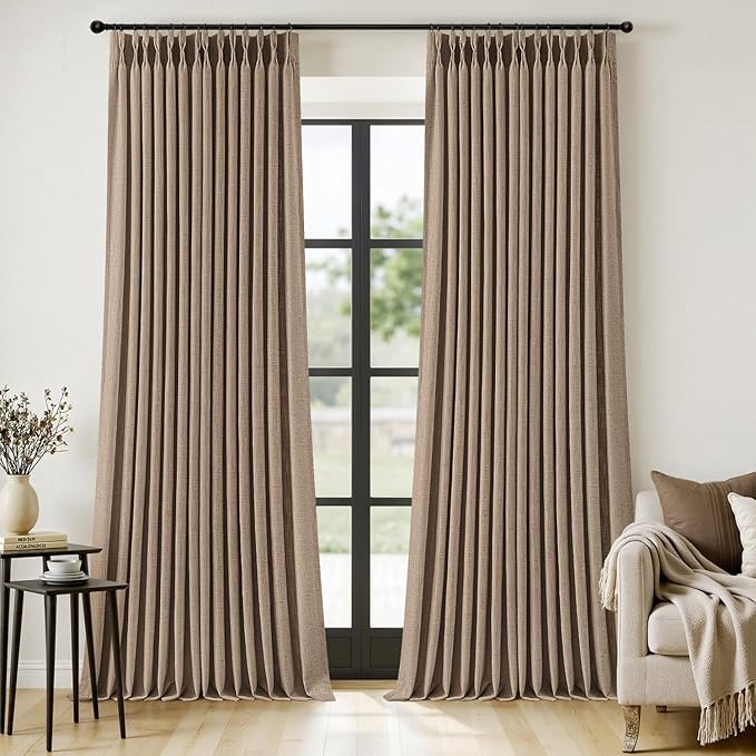 MIULEE Pinch Pleated Thick Linen Curtains 108 Inches Long 2 Panels for Living Room Bedroom, Linen Textured Drapes Back Tab Country Farmhouse Brown Tan Burlap Foor to Ceiling Curtains with Hooks&Rings