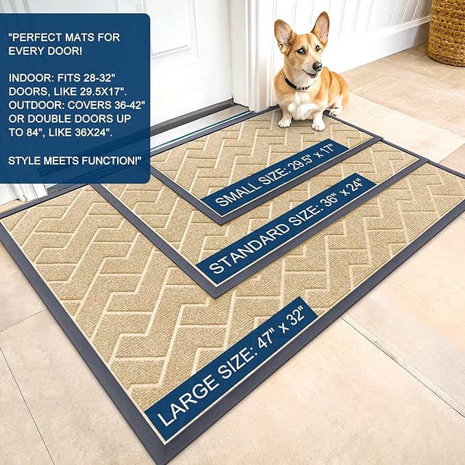OLANLY Front Door Mat Indoor Outdoor Entrance, Waterproof All-Season, All-Weather Doormat, Sturdy Natural Rubber, Low Profile, Easy Clean Patio Porch Entryway Mat, Herringbone Brick (Beige, 59x35)