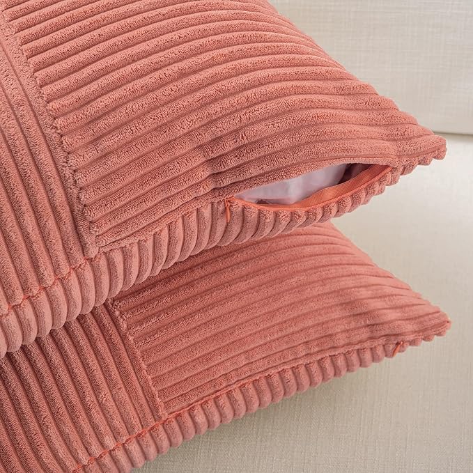 Fancy Homi 2 Packs Coral Euro Decorative Throw Pillow Covers 26x26 Inch for Living Room Couch Bed, Farmhouse Boho Home Decor, Soft Corss Corduroy Patchwork Textured Square Peach Cushion Case 66x66 cm