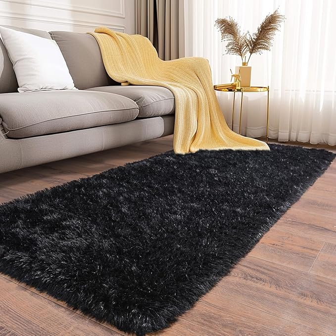 Soft Runner Rugs for Bedroom Hallways, 2 Packs 2x6 Black Fluffy Shag Throw Area Rug Non Slip for Bedside Dorm, Long Shaggy Furry Carpet for Nursery Living Room
