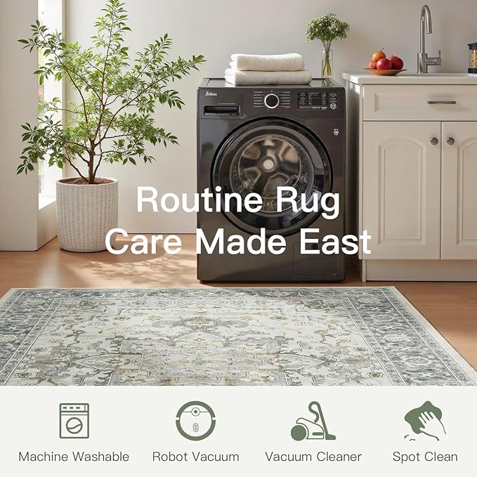 Lofus 5x7 Area Rugs for Living Room, Machine Washable Non-Slip Area Rug, Low Pile Large Rugs for Bedroom, Kitchen, Dining Room, Home Office, Vintage Oriental Print Rug, Taupe Grey