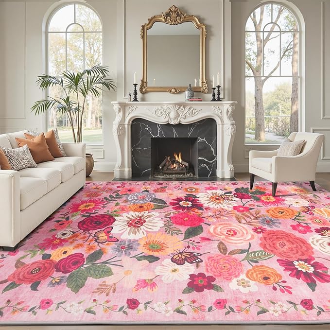 Pink Area Rugs 9x12 Living Room Washable Rug Non Slip Floral Low Pile Large Rug for Living Room, Bedroom, Farmhouse, Dining Room, Kids Playroom(9 x 12, Pink Garden)