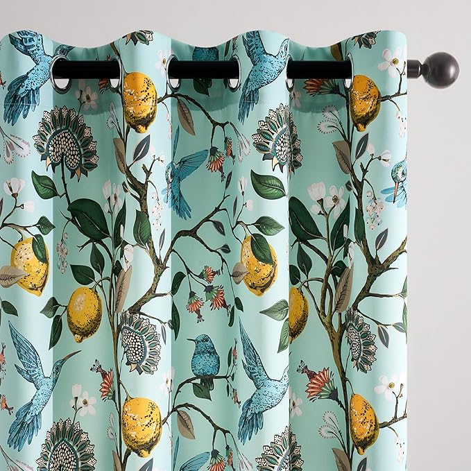 Topfinel 72 Inches Long Floral Curtains for Living Room Vintage French Country Grommet Botanical Hummingbird Woodland Patterned Mint Green Lemon Drapes for Bedroom Dining Living Room