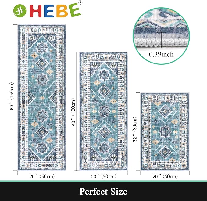 HEBE Boho Kitchen Rug Sets 3 Piece with Runner Non Slip Kitchen Rugs and Mats Washable Kitchen Mats for Floor Thick Kitchen Floor Mat Carpet Runner Rugs for Hallway Laundry Holiday Decor