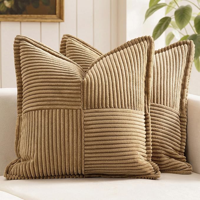 MIULEE Decorative Throw Pillow Covers for Couch Bed Livingroom 16x16 Inch Set of 2 Brown Boho Accent Throw Pllows Broadside Striped Patchwork Soft Corduroy Pillowcases