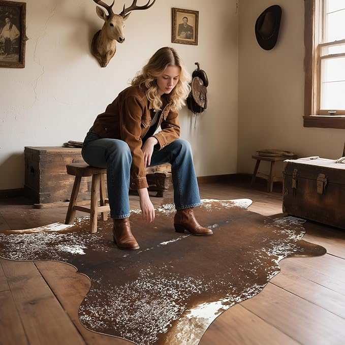 AROGAN Western Decor Faux Fur Cowhide Rug, 5.2x6.3 Feet Premium Animal Skin Cow Hide Rug, Sturdy Cow Print Rugs for Wall Decor, Western Floor Carpet for Bedroom Living Room, Spotted Brown