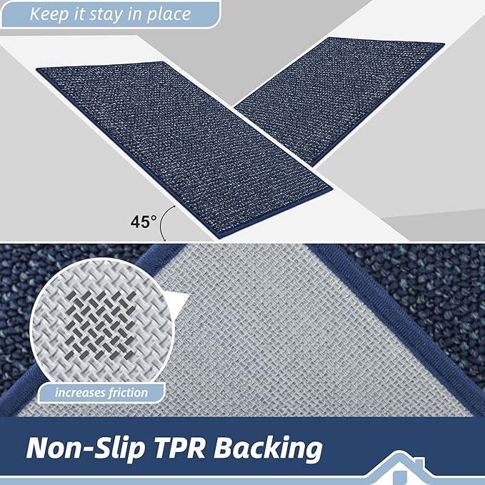 BEQHAUSE Kitchen Rugs and Mats 2PCS, Non-Slip Kitchen Mats for Floor, Absorbent and Stain Resistant Kitchen Runner, Machine Washable Rugs for Kitchen, Laundry & Sink, 20"x32"+20"x48", Blue