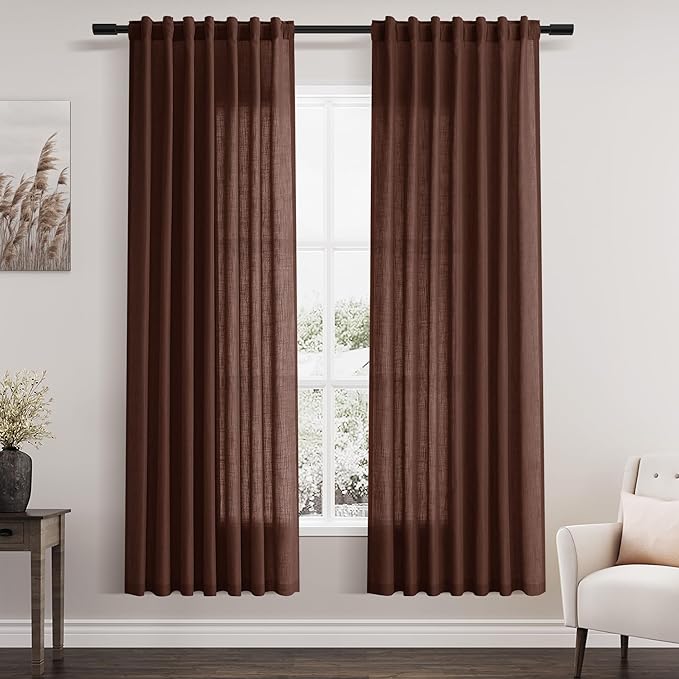 Nanspring Rustic Brown Linen Curtains 72 Inch Length for Living Room Semi Sheer Light Filtering Door Drapes 2 Panels Set for Kids Bedroom Back Tab Rod Pocket Modern Farmhouse Decor 52x72