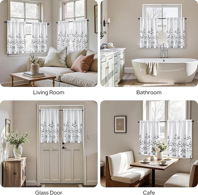 HOMEIDEAS Kitchen Curtains, Short Non-See-Through Privacy 30X24 Inch Length Tier Curtains, Grey and White Leaf Floral Printed Light Filtering Semi Sheer Small Window Drapes for Bathroom Cafe, 2 Panels