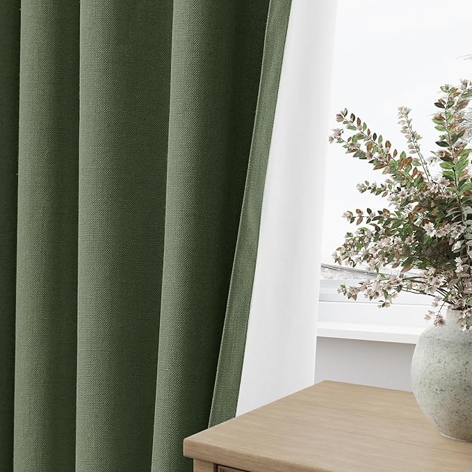 Guken Olive Green 100% Blackout Curtains 102 Inch Length 2 Panels Set for Living Room Bedroom Back Tab Thermal Insulated Black Out Linen Drapes Room Darkening Window Curtains,52x102