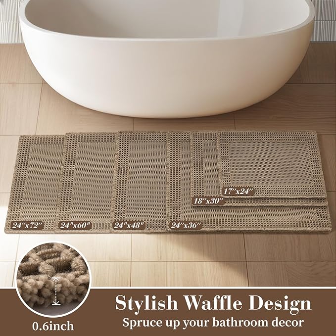 RESARE Waffle Bathroom Runner Rugs, Super Absorbent Bath Mat Non Slip Washable Quick Dry, Upgraded Ultra Soft Boho Bath Rugs with Tassels for Hallway Bedroom Laundry Room, 20"x32" Brown