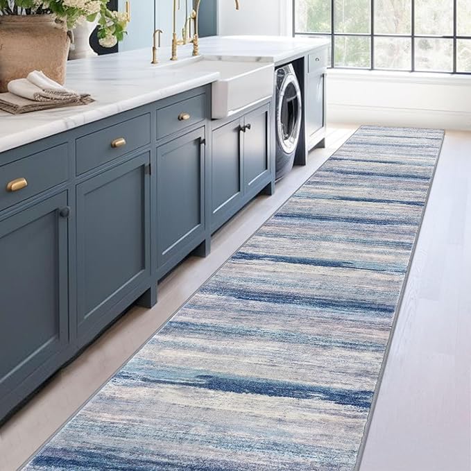KOZYFLY Modern Abstract Washable Rug Runner 2.6x16 Hallway Rug Runner Non-Slip Soft Kitchen Runner Rugs, Blue/Grey/Beige Striped Carpet for Stair Entryway Bathroom Laundry Room Foyer
