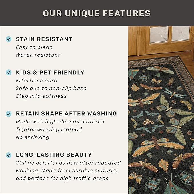 3x5 Entryway Rug Non Slip Washable - Black Throw Rug for Kitchen, Mudroom, Bedroom Bedside, Insect Boho Vintage Aesthetic Décor