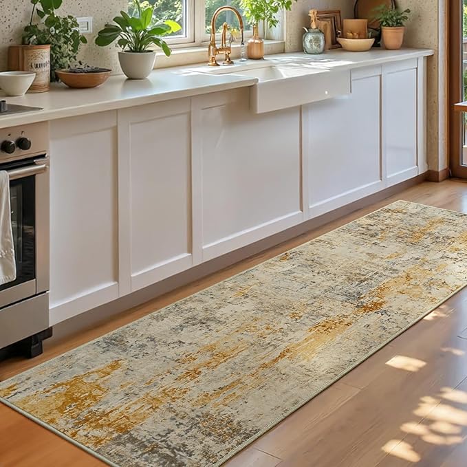 2x6 Beige Rug Runners for Hallways Kitchen Runner Rug Non Slip Washable Tan Long Runner Rugs with Rubber Backing Soft Abstract Carpet Runner for Bedroom, Kitchen, Bathroom, Entryway