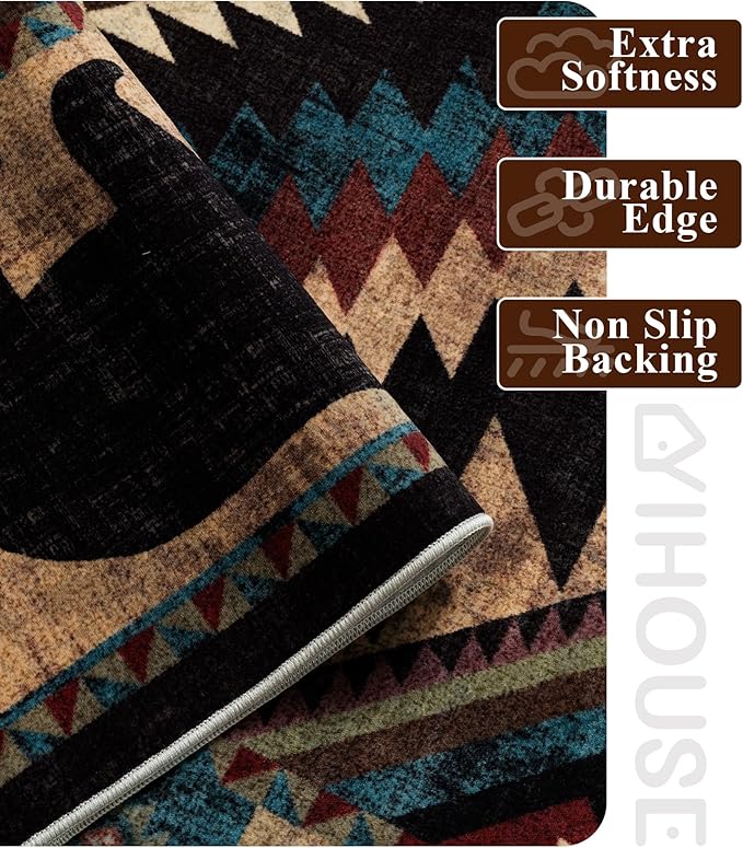 YIHOUSE Rustic Cabin Area Rug for Living Room 8x10,Machine Washable Lodge Bear Rug,Non-Slip Low Pile Print Pattern Western Rug for Bedroom