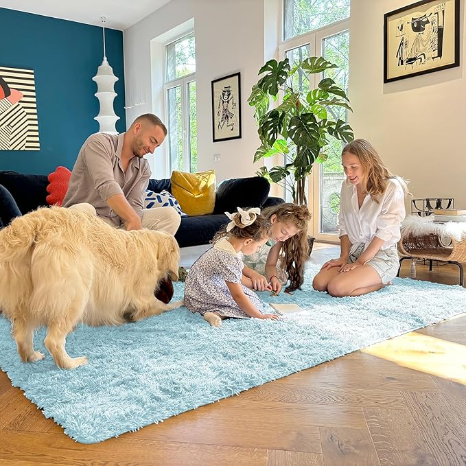 OLANLY 2x6 Machine Washable Runner Rugs for Hallway, Soft Fluffy Shaggy Bedside Rugs for Bedroom, Living Room, Indoor Floor Carpet for Kids Girls and Boys, Home Decor Aesthetic, Light Blue