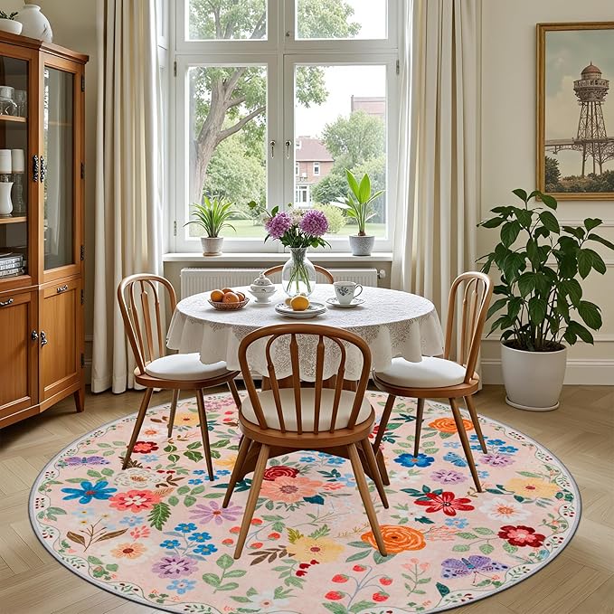 Round Area Rug for Living Room: 6 ft Floral Washable Circle Rug Soft Boho Non-Slip Carpet Indoor Stain Resistant Low Pile Small Circular Rug for Bedroom Entryway Kitchen Nursery Home Office Beige