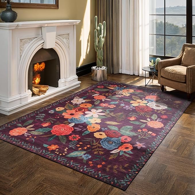 Floral Washable 6x9 Area Rugs, Soft Bedroom Rug for Living Room Ultra-Thin Non Slip Dining Room Rug, Stain Resistant Rugs Easy Clean Throw Carpet for Office(6 x 9, Purple)