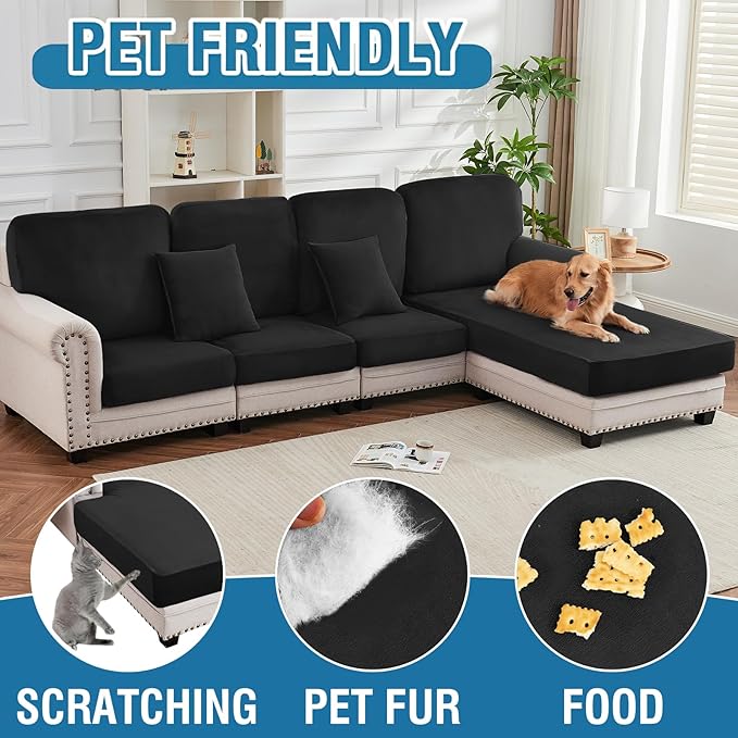 Couch Cover Stretch Velvet Sofa Cushion Cover 3-Piece - Elastic Washable Slipcover for Seat or Backrest, Couch Seat Covers for Sofas (Black)