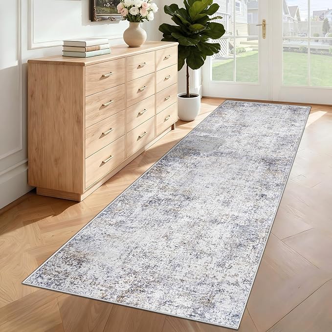 XLUEZ 2x8 Runner Rug for Hallway, Washable Modern Abstract Runner Rugs Neutral Soft Non Slip Kids Rug Stain Resistant Indoor Runners for Entryway Bedroom Kitchen Laundry Room(Bluegrey, 2'x8')