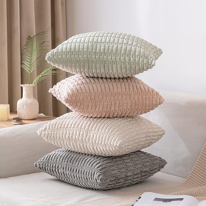 MIULEE Pack of 2 Corduroy Decorative Throw Pillow Covers 18x18 Inch Soft Boho Striped Pillow Covers Modern Farmhouse Home Decor for Sofa Living Room Couch Bed Light Grey