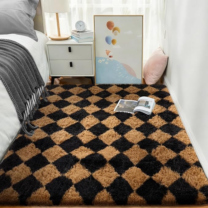 Ophanie Checkered Black & Beige Rhombus Rugs for Living Room Bedroom, Fluffy Soft Cute Fuzzy Area Rug, Plush Shaggy Bedside Floor 4x6 Furry Carpet for Kids Baby Teen Dorm Nursery Home Decor Aesthetic