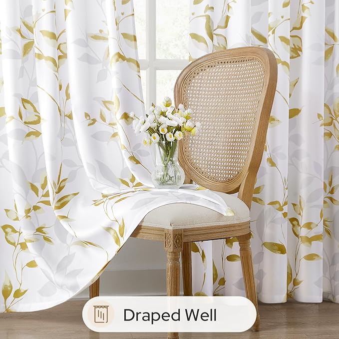 HOMEIDEAS Non-See-Through Gold and White Privacy Sheer Curtains 52 X 63 Inch Length 2 Panels, Leaf Floral Printed Light Filtering Semi Sheer Window Curtains Drapes for Bedroom Living Room