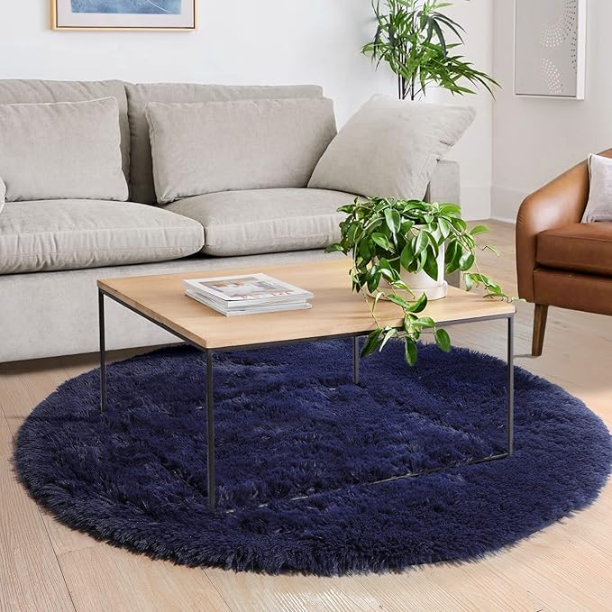 Amdrebio Dark Navy Round Rug 4Ft for Boys Room Bedroom, Fluffy Shag Fuzzy Plush Circle Area Rugs for Kids, Teens, Living Room Decor Aesthetic, Indigo Furry Cool Dark Blue Carpet for Dorm Baby Nursery