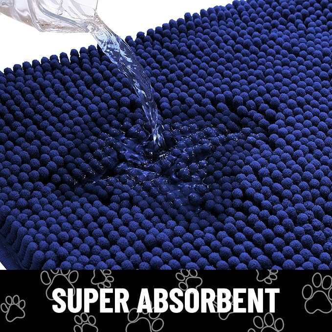 Smiry Dog Door Mat for Muddy Paws, Absorbent Dirt Trapper Non Slip Quick Dry Washable Chenille Mat for Mud Dogs, Entry Rug for Indoor and Outdoor (36x24 Inches, Navy Blue and White)