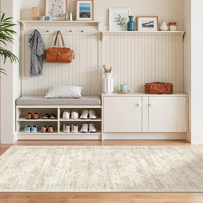 2x5 Rug Runner Washable for Entryway, Soft Bathroom Rugs with Non-Slip Backing, Abstract Low Pile Hallway Runner, Vintage Small Kitchen Carpet for Stair, Laundry Room(2'x5', Beige/Ivory)