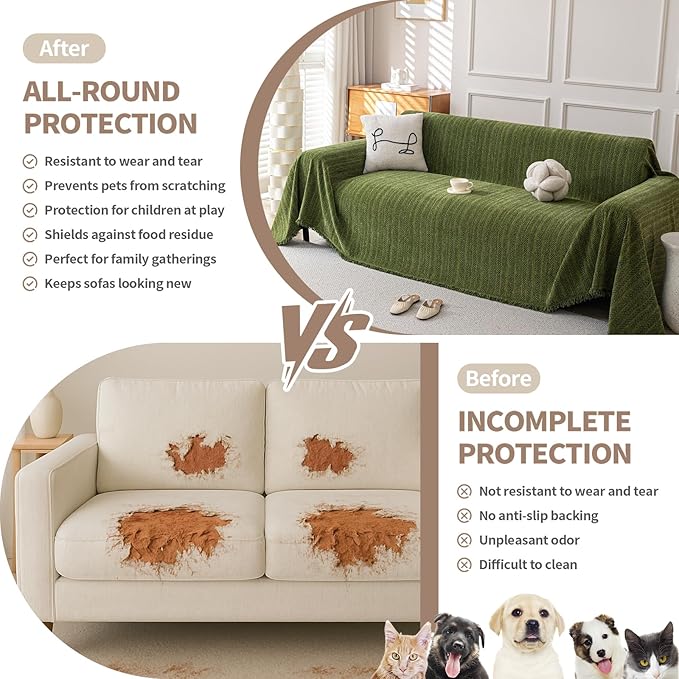 Boho Chenille Couch Cover for Dogs, Non Slip Sofa Cover, Couch Slipcover Covers for 3 Cushion, Furniture Protector with Tassels for Pets Washable, 71"x102", Fishbone Green
