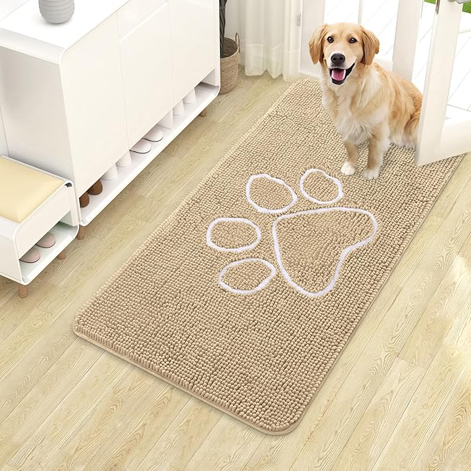 OLANLY Dog Door Mat for Muddy Paws 40x24, Paw Print Design, Absorbs Moisture and Dirt, Absorbent Non-Slip Washable Doormat, Quick Dry Chenille Mud Mat for Dogs, Entry Indoor Entryway Carpet, Beige