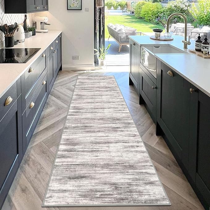KOZYFLY Modern Abstract Washable Rug Runner 2.6x10 Hallway Rug Runner Non-Slip Soft Kitchen Runner Rugs, Grey/Light Beige/Brown Striped Carpet for Entryway Bathroom