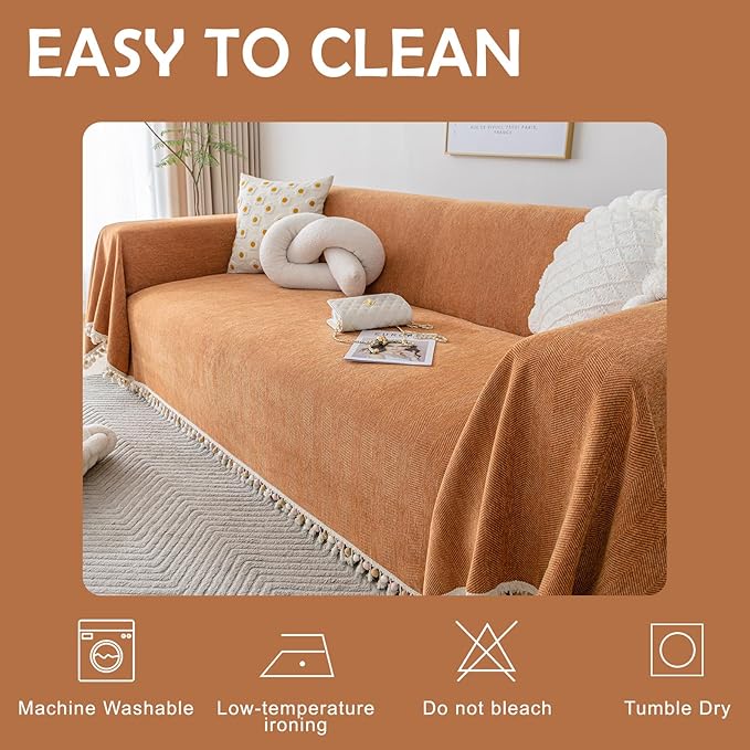 HANDONTIME Dark Orange Sofa Covers Couch Cover for Dogs Colorful Tassel Lovetseat Covers Pet Couch Cover Bohemian Sofa Cover for Couch Vintage Boho Couch Covers Futon Cover Pet-Friendly, 71" X134"