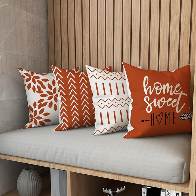 YCOLL Fall Pillow Covers 18x18 Set of 4, Modern Sofa Throw Pillow Cover for Fall Decor, Decorative Outdoor Linen Fabric Pillow Case for Couch Bed Car, Burnt Orange