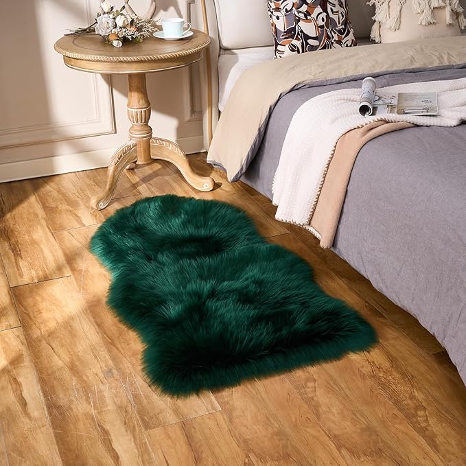 EasyJoy Ultra Soft Fluffy Shaggy Area Rug Faux Fur Rug Chair Cover Seat Pad Fuzzy Area Rug for Bedroom Floor Sofa Living Room (2 x 4 ft Sheepskin, Dark Green)